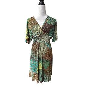 5th & Love Peacock Feather Print Smocked Waist V-Neck Dress Green Brown SZ M